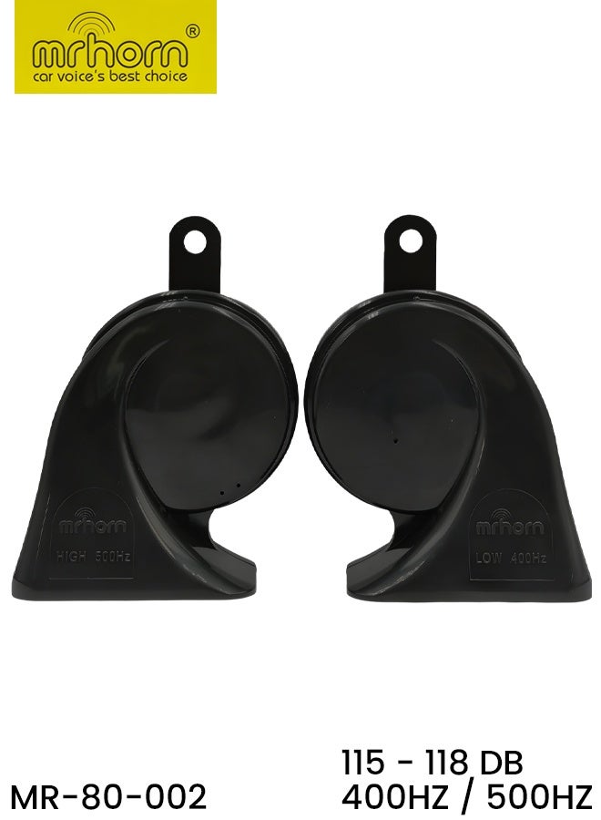 MRHORN MR-80-002 Snail Horn Set 12V Twin Tone 400Hz 500Hz 105-118dB Loud Car Horn for Cars SUV Truck Universal Electric Dual Tone High Low Frequency Strong Clear Sound OE Type Easy Install Waterproof Black Motorcycle Bus Safety Warning Alert 12 - Image 1